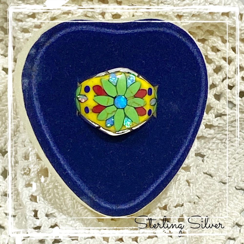 Signed-SM, Sterling Silver Multi Colored Flower Inlaid Gemstone Ring Size 9 - Picture 3 of 8